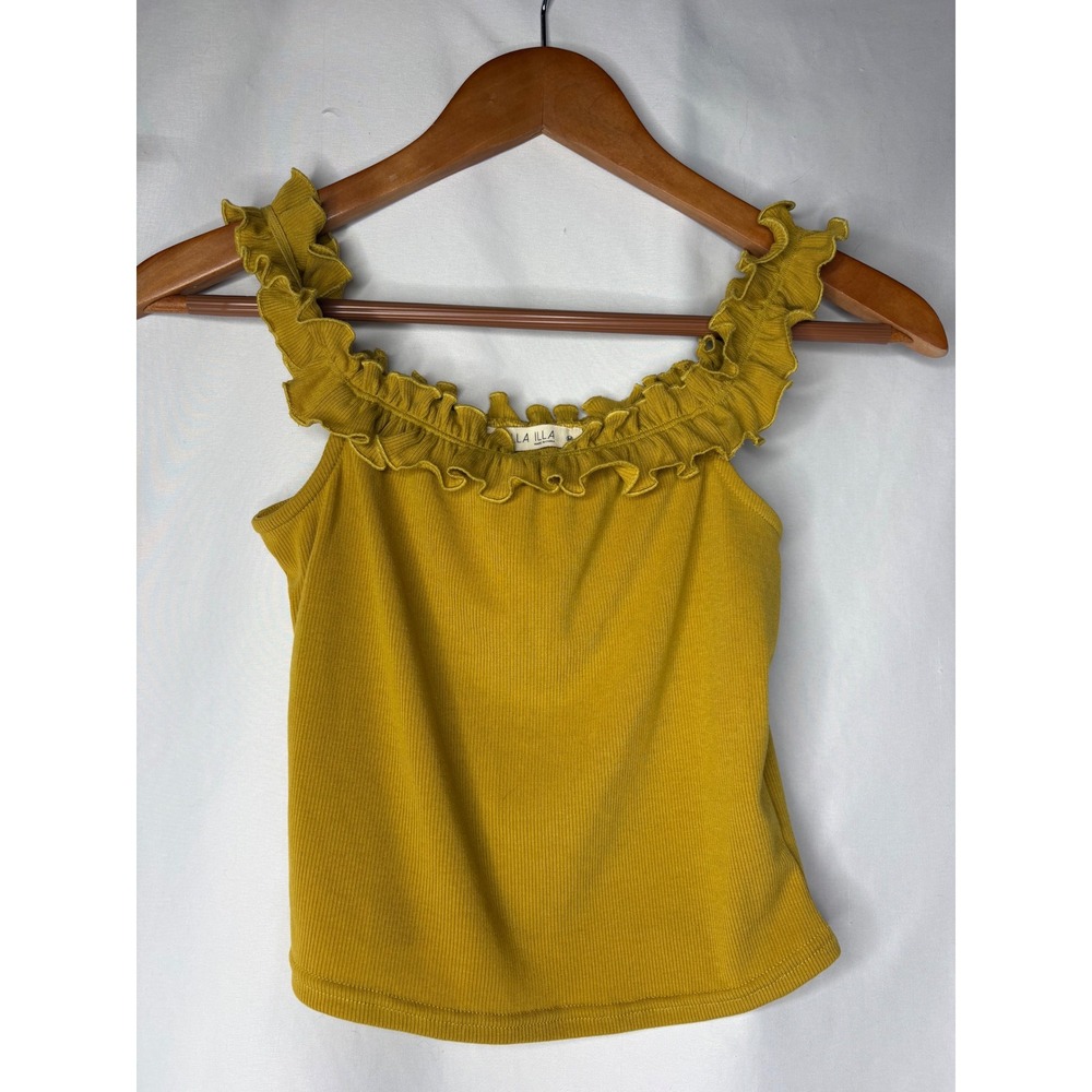 Illa Illa Mustard Yellow Ruffle Strap Ribbed knit Tank Top Womens Medium Boho